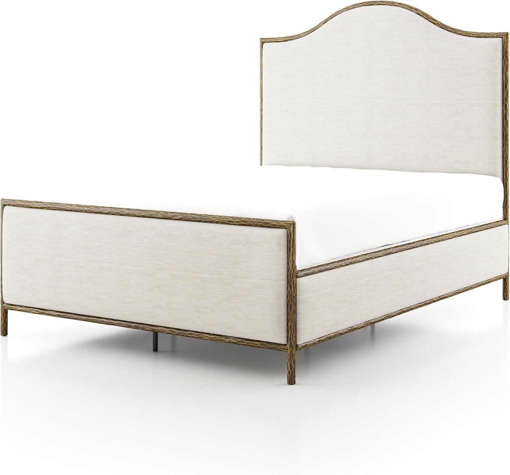24/7 Shop at Home Lalia Hammered Metal 3-Piece Bedroom Collection, Upholstered Bed Frame with Camelback Headboard, Forged Steel and Curved Nightstands, Foundation Required, Queen, Matte Gold