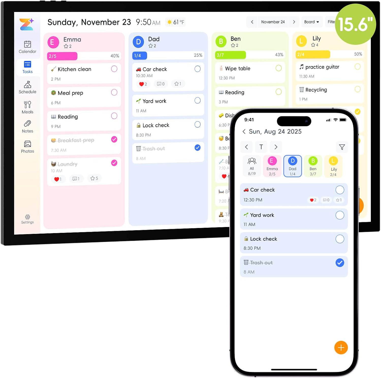 Digital Calendar,15.6-inch Digital Wall Planner & Chore Chart, Touchscreen Family Organizer for Schedules, Events & Reminders (Black)