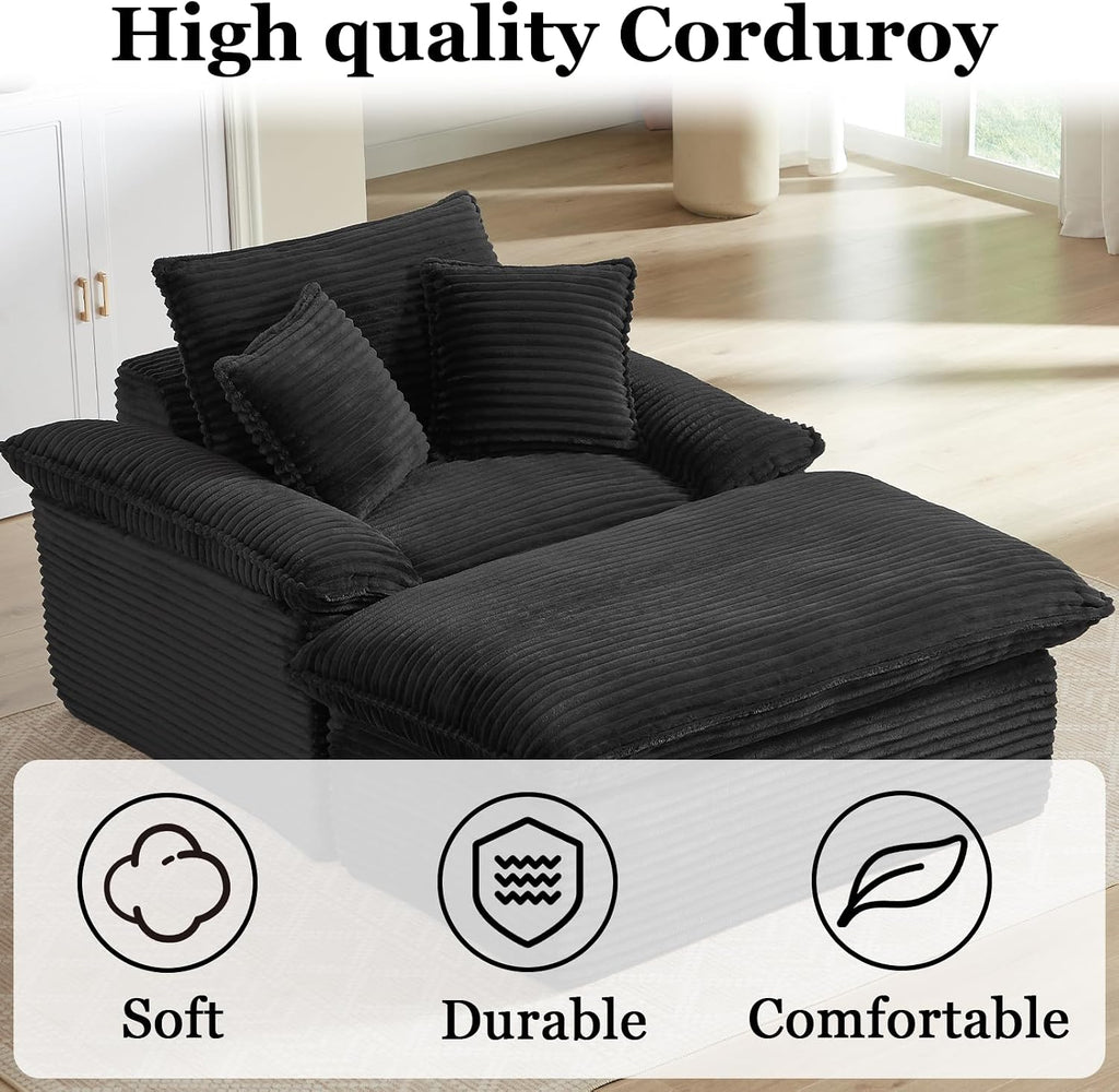 52' Oversized Chaise Lounge Chair Indoor, Corduroy Boneless Chaise Lounge with 2 Pillows, Comfy Reading Chair with Ottoman, Black Sleeper Chair for Adults Living Room Bedroom Apartment (Black)