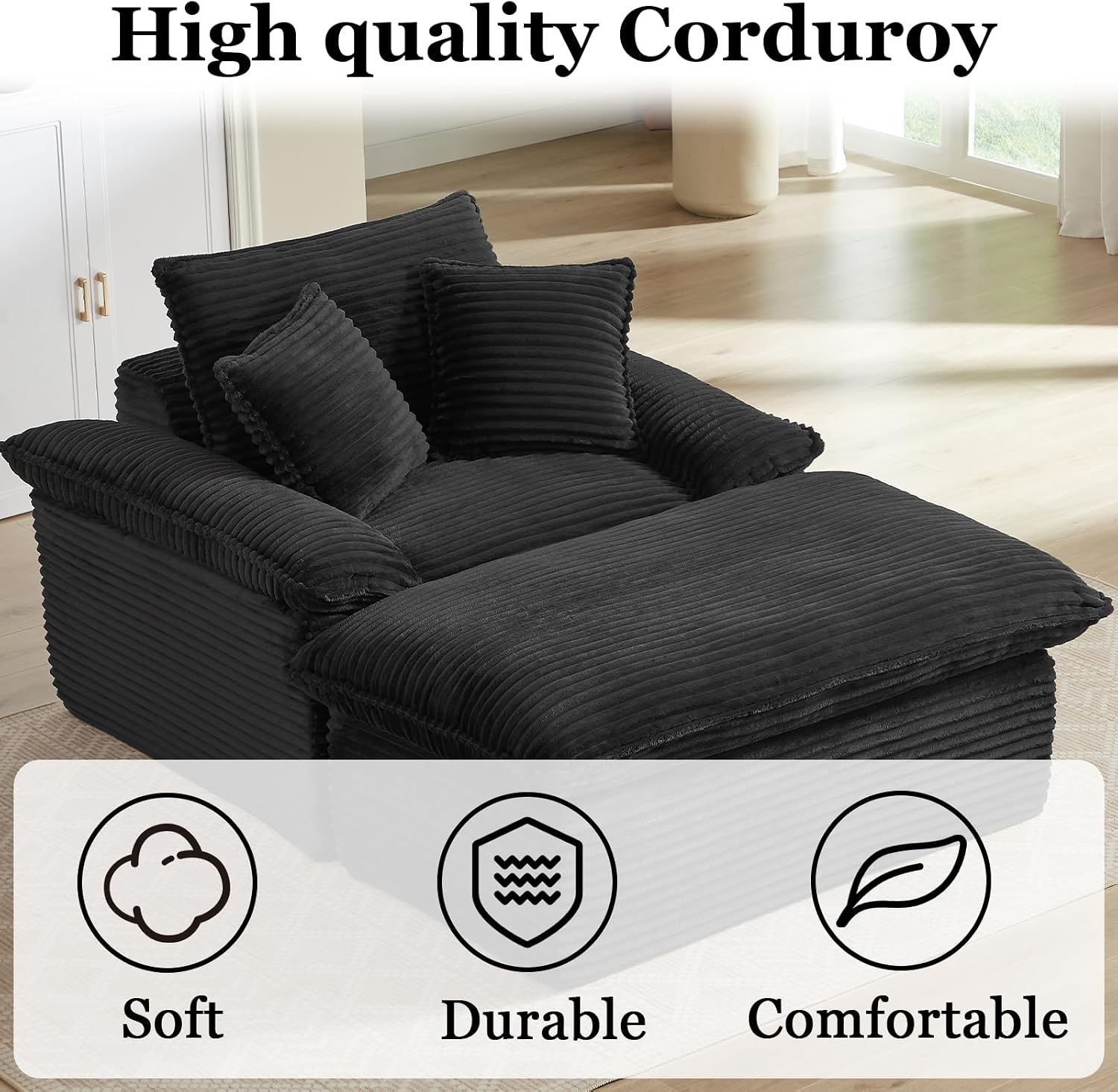 52' Oversized Chaise Lounge Chair Indoor, Corduroy Boneless Chaise Lounge with 2 Pillows, Comfy Reading Chair with Ottoman, Black Sleeper Chair for Adults Living Room Bedroom Apartment (Black)