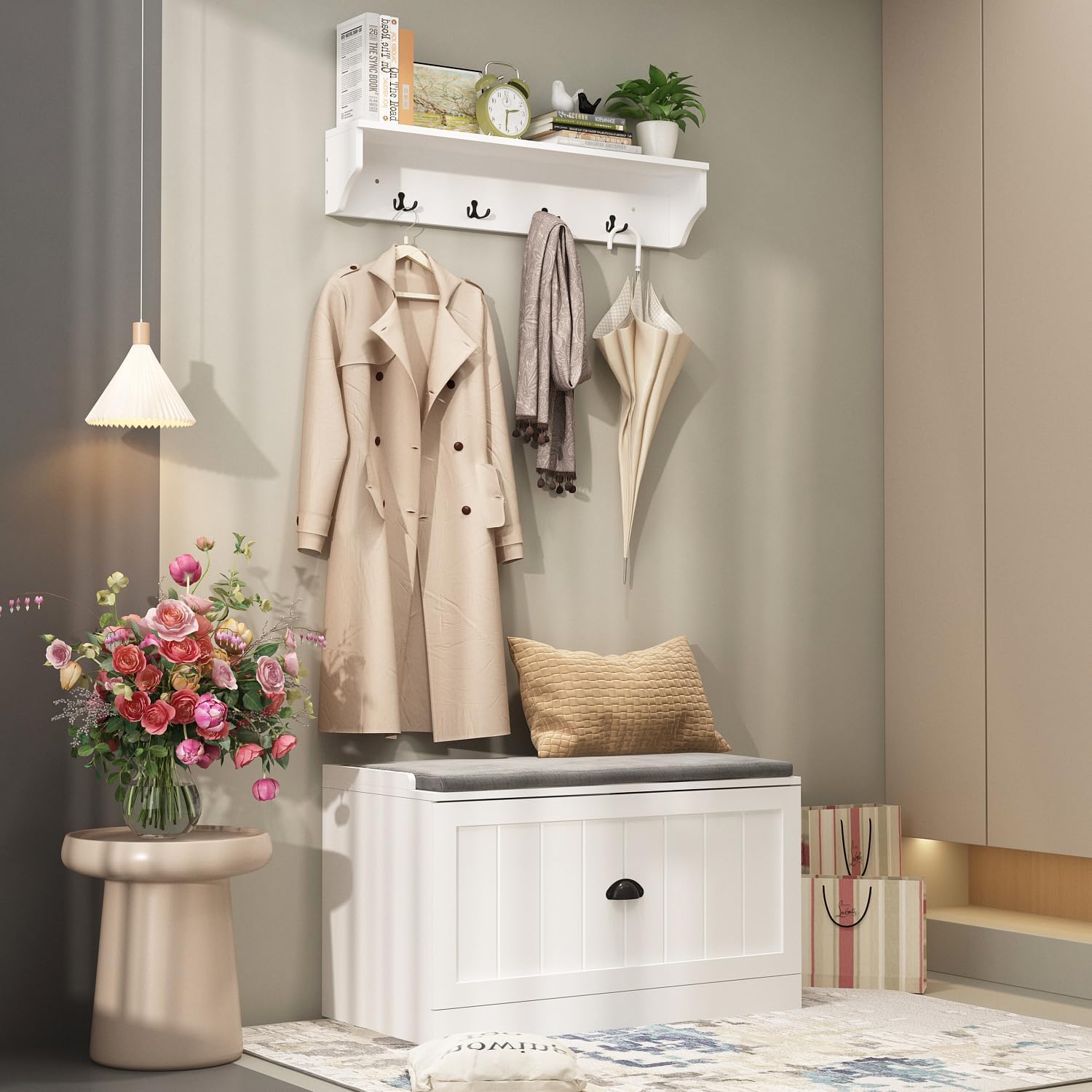 AIEGLE Entryway Hall Tree Set with Shoe Bench & Wall Mounted Coat Rack, 3-in-1 Entryway Storage Bench with Drawer & Cushion, Hall Tree Coat Rack with 4 Hooks for Hallway Hanging, White