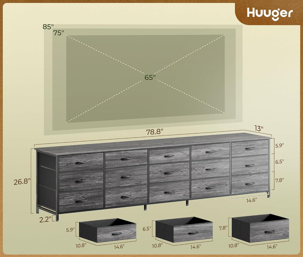 Huuger 78.7 inch Long Dresser for Bedroom, 15 Drawer Fabric Dresser for Closet, Large TV Stand for 65, 75, 85 inch TV, Wide Chest of Drawer with Storage, 78.7' W x 12.9' D x 26.7' H, Grey