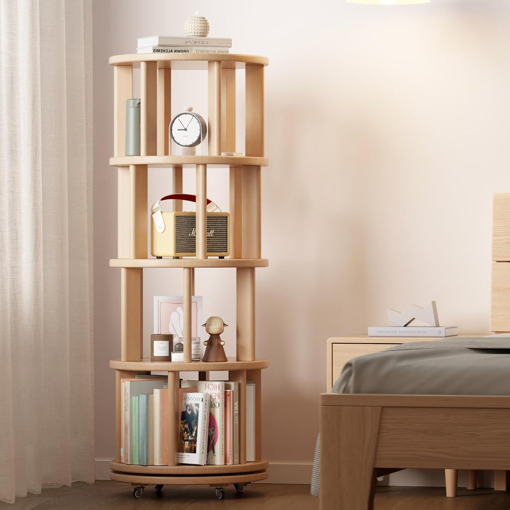 Muwuele Solid Wood Rotating Bookshelf on Wheels, 4 Tier, Round Revolving Bookcase, 360° Spinning Book Shelf Tower for Kids, Narrow Rolling Bookshelves for Small Space, Corner, Bedroom, Office, Natural