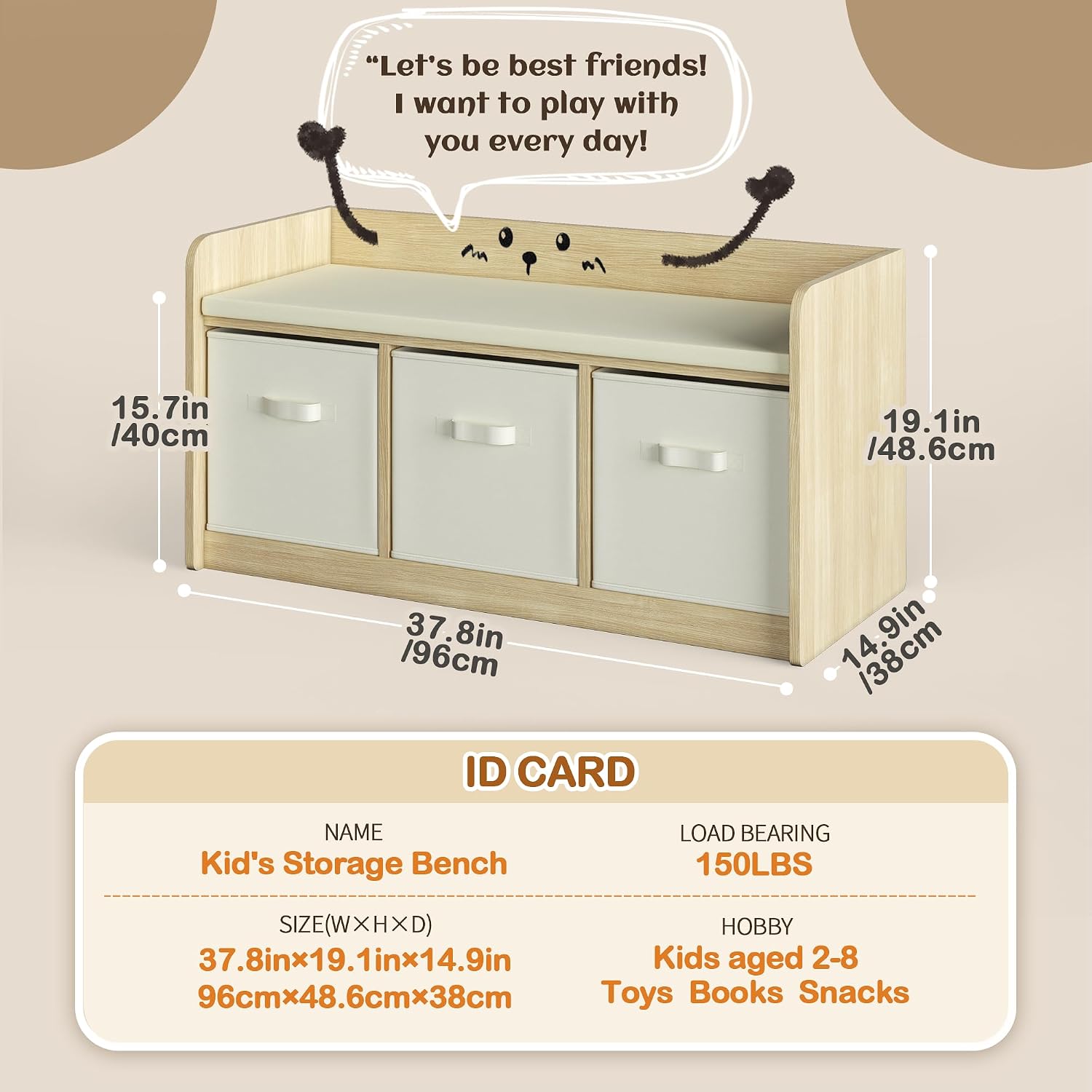 Kids Reading Nook Bench with 3 Drawers and Seat Cushion - Large Capacity Toddler Reading Corner，Kids Storage Bench