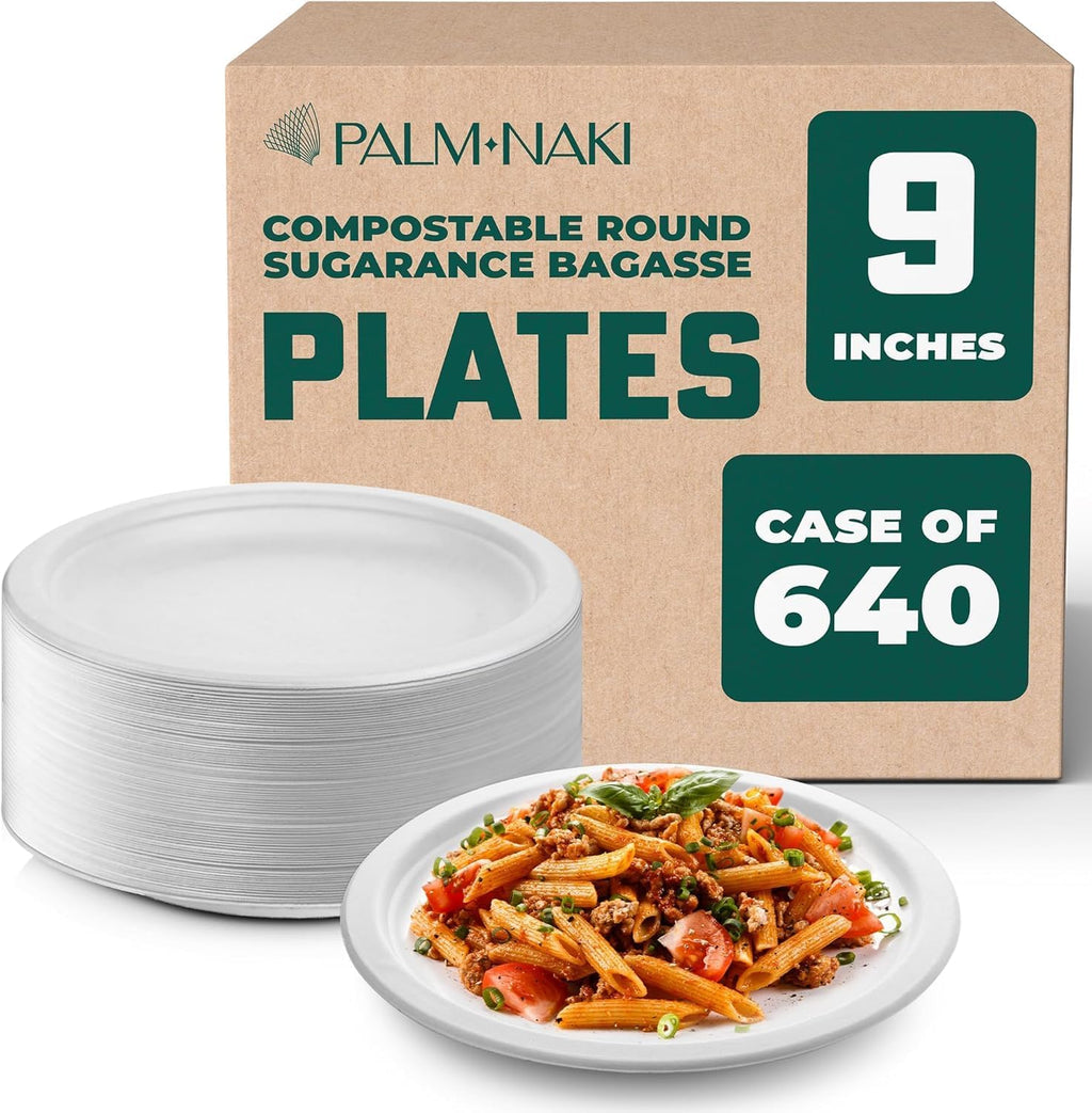 Bulk Case: 9' Heavy Duty Paper Plates | Compostable & Biodegradable | Made from Sugarcane Bagasse | Leak-Resistant & Sturdy | Microwave Safe | PFAS-Free | 9 Inch | 8 x 80-Pack (640 Pcs) | Palm Naki