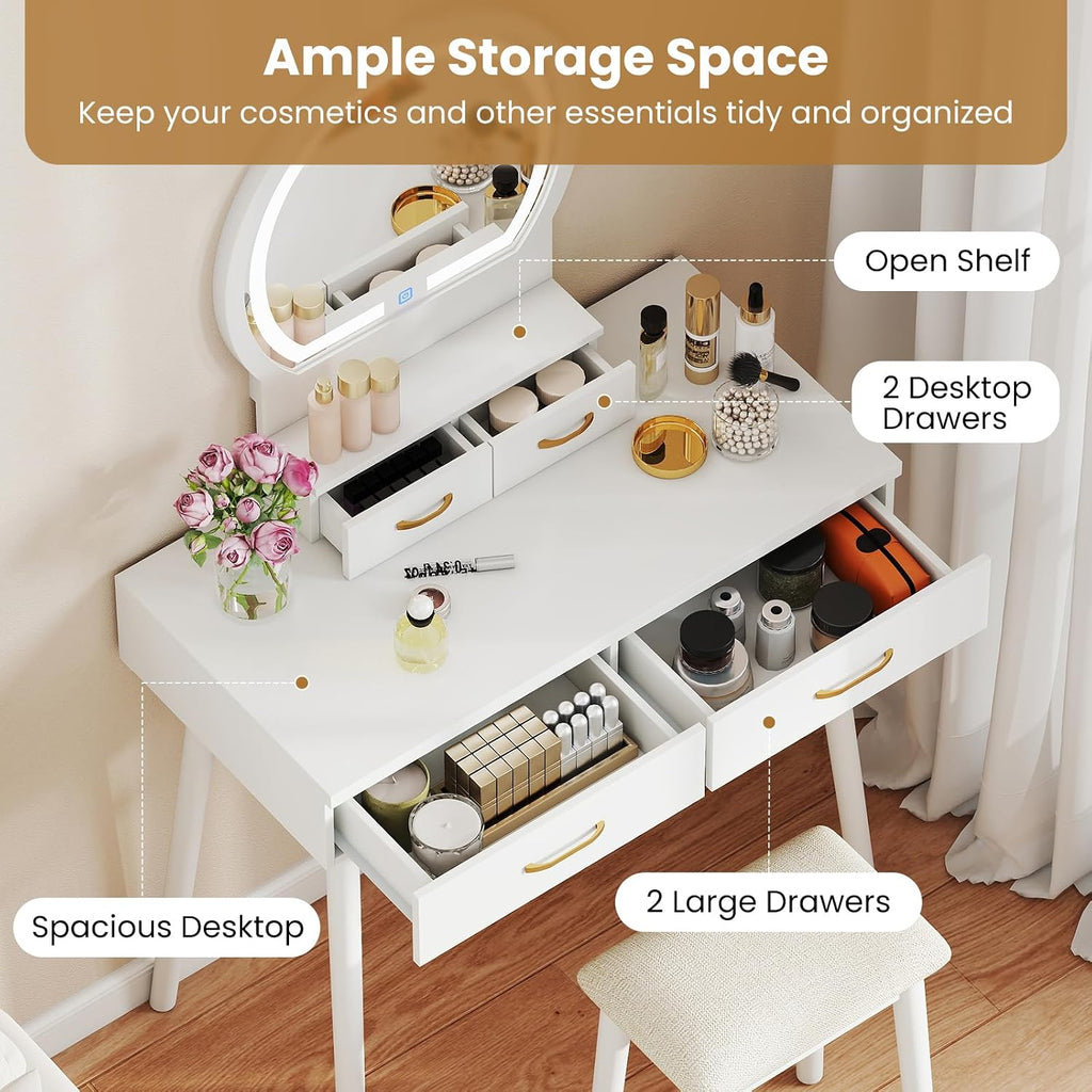 CHARMAID Vanity Desk with Mirror and Lights, Modern Makeup Vanity Table with 4 Drawers, 3-Color Dimmable LED Mirror, Girls Dressing Table and Stool Set for Small Bedroom (White)
