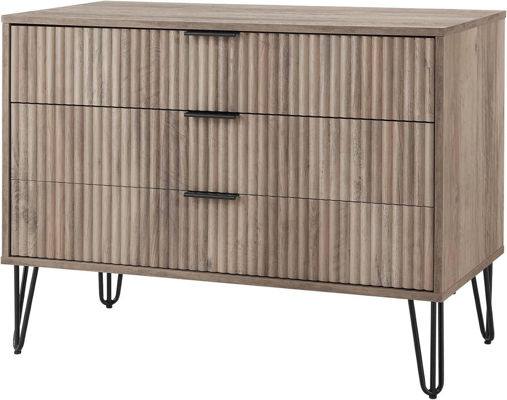 Manhattan Comfort Dumbo 2 Piece Dresser & Nightstand Set, Fluted Night Stand with Hairpin Gold Metal Legs & 3-Drawer Dresser, No Tool Assembly, Storage Cabinet for Bedroom, Living Room in Rustic Grey