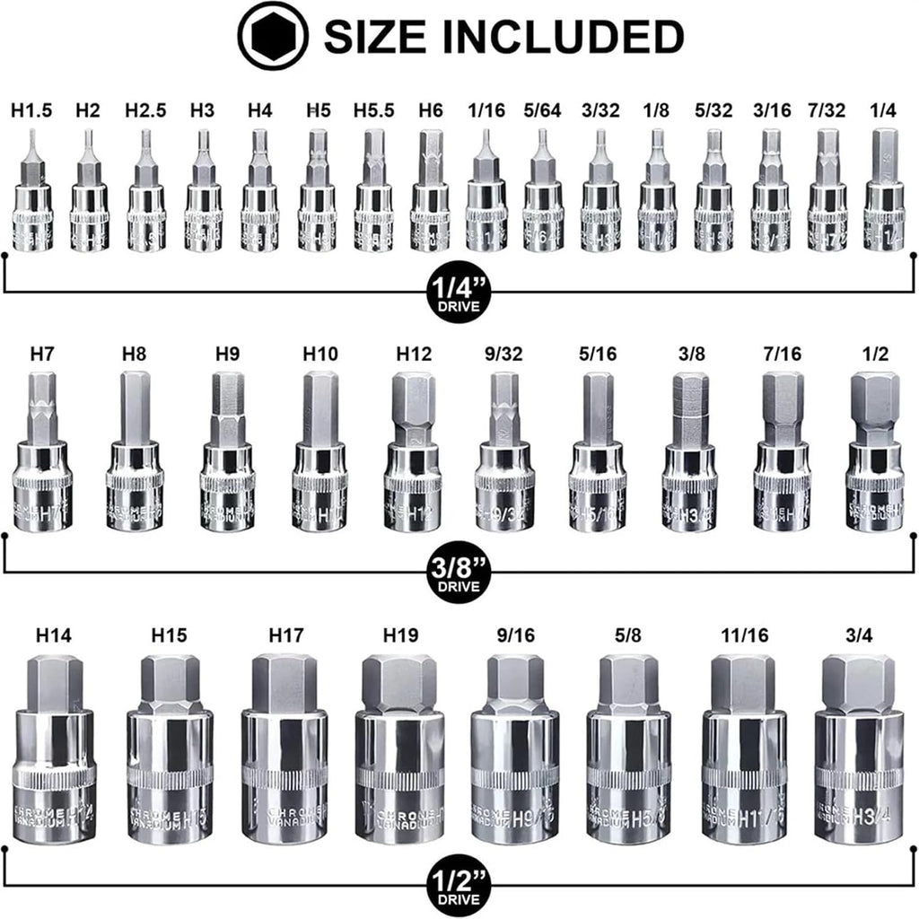 34Pcs Hex Bit Socket Set Allen Wrench Bit Kit Hex Key For Ratchet Socket Tool SA-E And Metric 3/8, 1/4, 1/2 Drive Socket