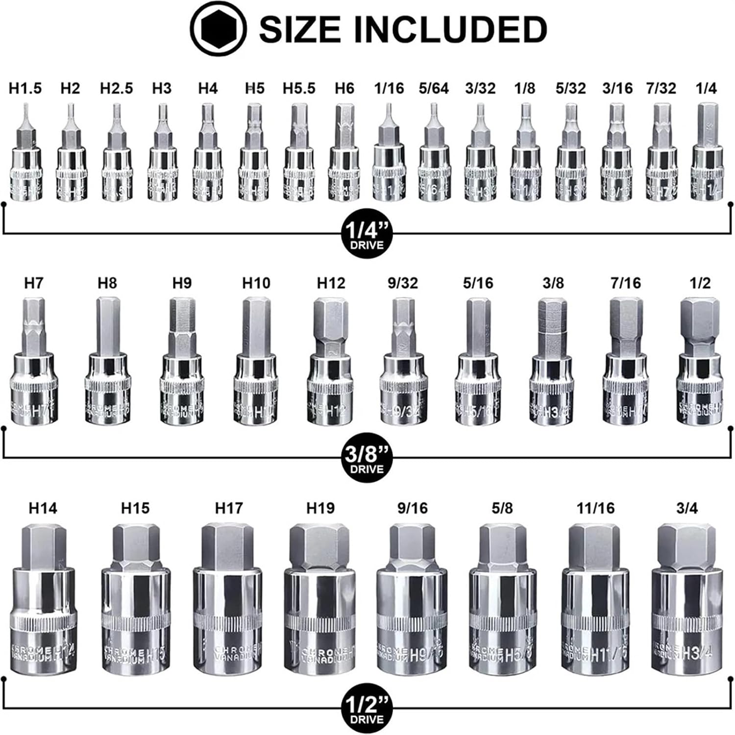 34Pcs Hex Bit Socket Set Allen Wrench Bit Kit Hex Key For Ratchet Socket Tool SA-E And Metric 3/8, 1/4, 1/2 Drive Socket