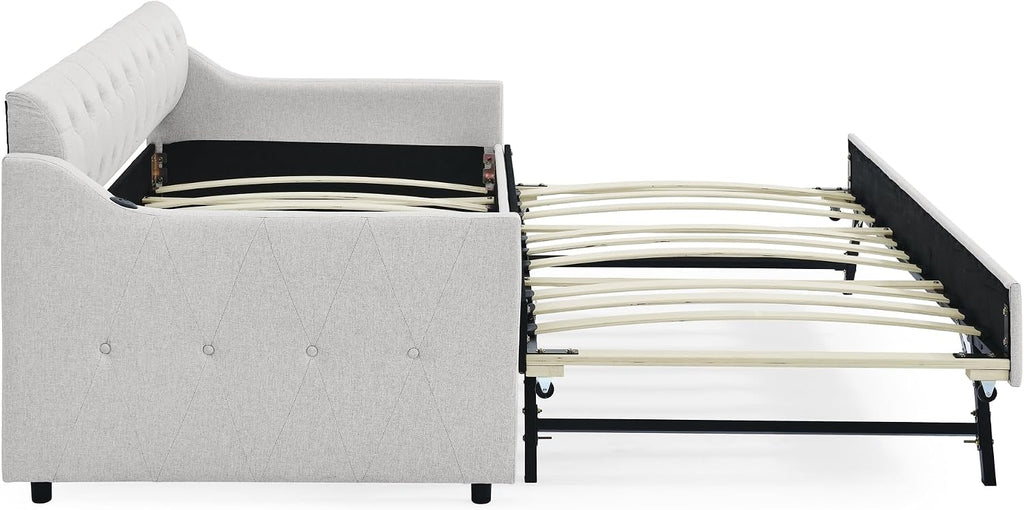Ball & Cast Twin Size Daybed with Pop Up Trundle, Button Tufted Linen Sofa Day Bed Frame with USB Port,Twin to King Trundle Bed for Bedroom, Living Room, No Box Spring Needed,Beige
