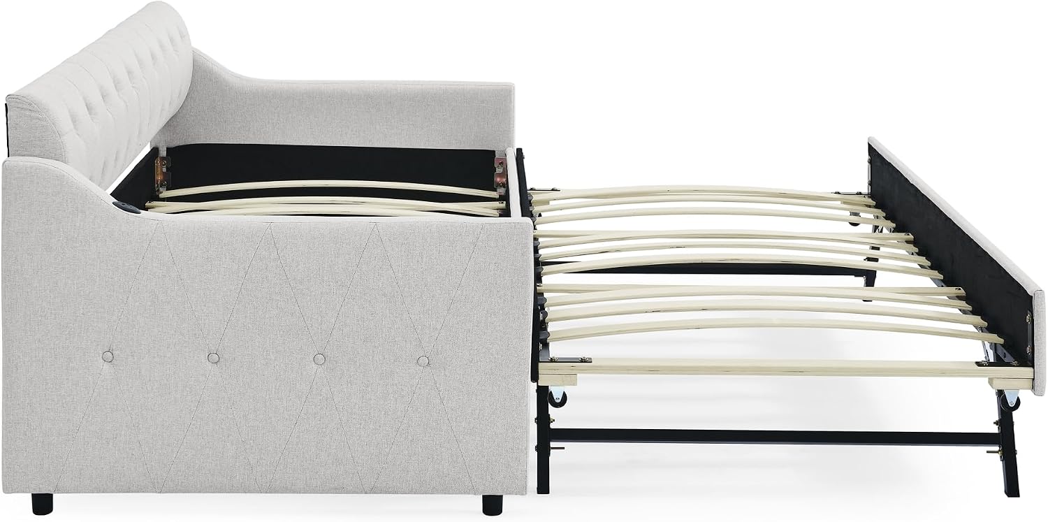Ball & Cast Twin Size Daybed with Pop Up Trundle, Button Tufted Linen Sofa Day Bed Frame with USB Port,Twin to King Trundle Bed for Bedroom, Living Room, No Box Spring Needed,Beige