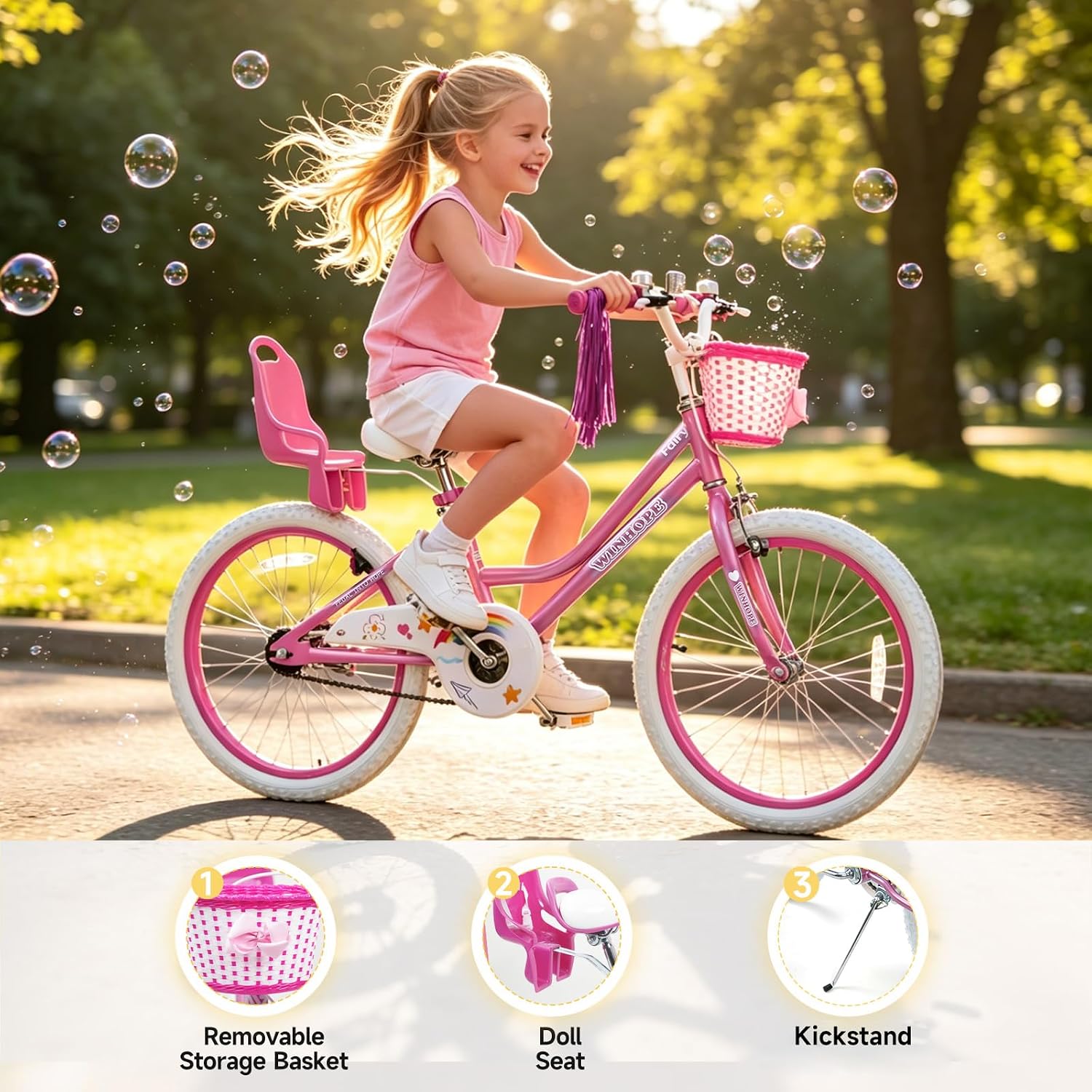WinHope Girls Bike with Doll Seat, 12 14 16 18 20 Inch Kids Bike for 2-12 | Dual Brake with Training Wheels / Kickstand & Streamers Birthday Gift for Toddler Outdoor Riding, Multiple Colors
