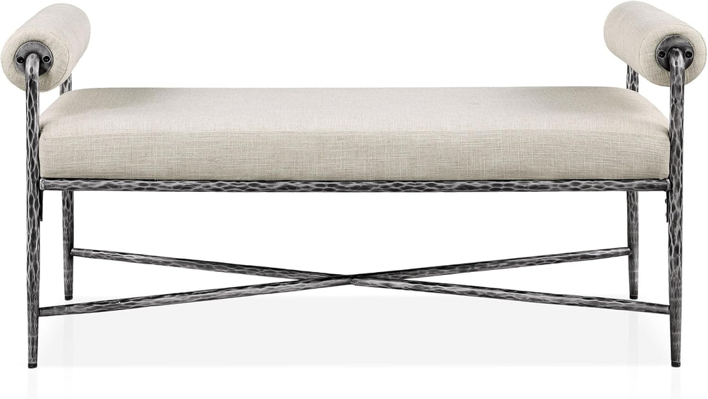 24/7 Shop at Home Lalia Hammered Metal 4-Piece Bedroom Collection, Upholstered Bed Frame with Camelback Headboard, Forged Steel, Bench and Curved Nightstands, Foundation Required, Queen, Matte Grey