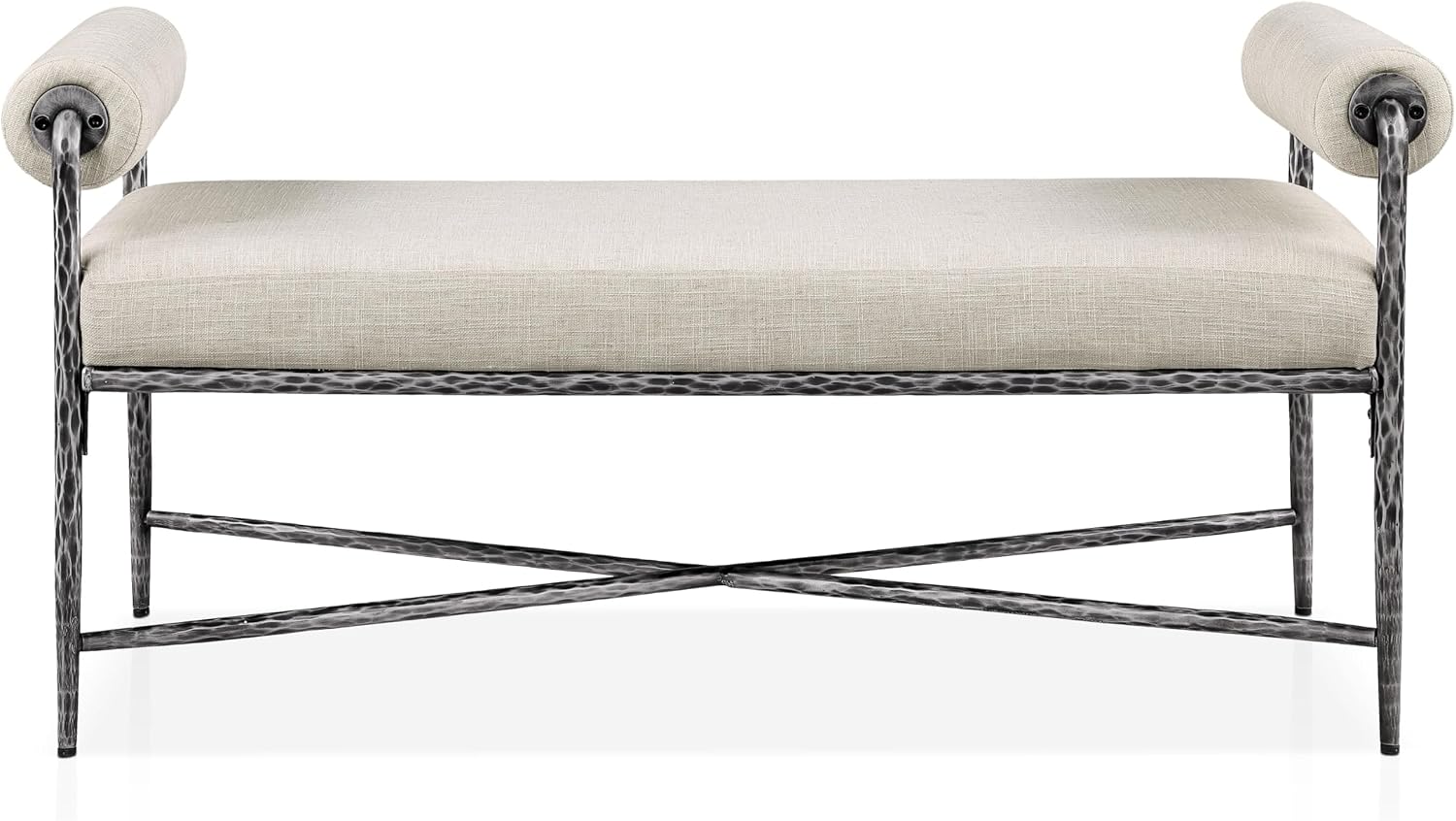 24/7 Shop at Home Lalia Hammered Metal 4-Piece Bedroom Collection, Upholstered Bed Frame with Camelback Headboard, Forged Steel, Bench and Curved Nightstands, Foundation Required, Queen, Matte Grey