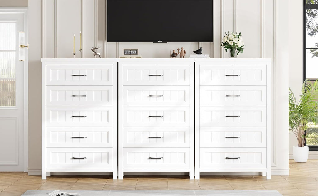 Jocoevol 5 Drawer Dresser for Bedroom - Farmhouse 44.9' Tall Chest of Dresser with Large Storage, Rubst Wood Construction for Living Room, Hallway & Entryway - White