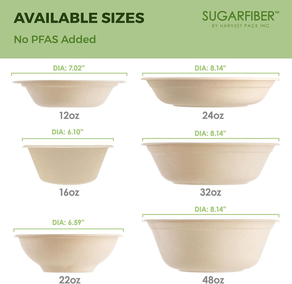 [1000 Count]Sugarfiber by Harvest 22oz Round Compostable Bowls PFAS Free with PLA coating, Heavy-Duty Eco-Friendly Disposable Bagasse Bowl, Sugarcane made plant fibers for Meal Prep