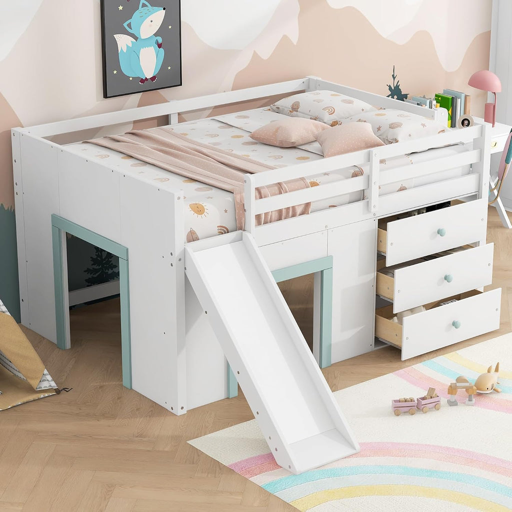 JIVOIT Wooden Low Loft Bed with Slide, Full Size Loft Bed with Three Storage Drawers and Two Doors, Wood Slat Support, No Box Spring Required