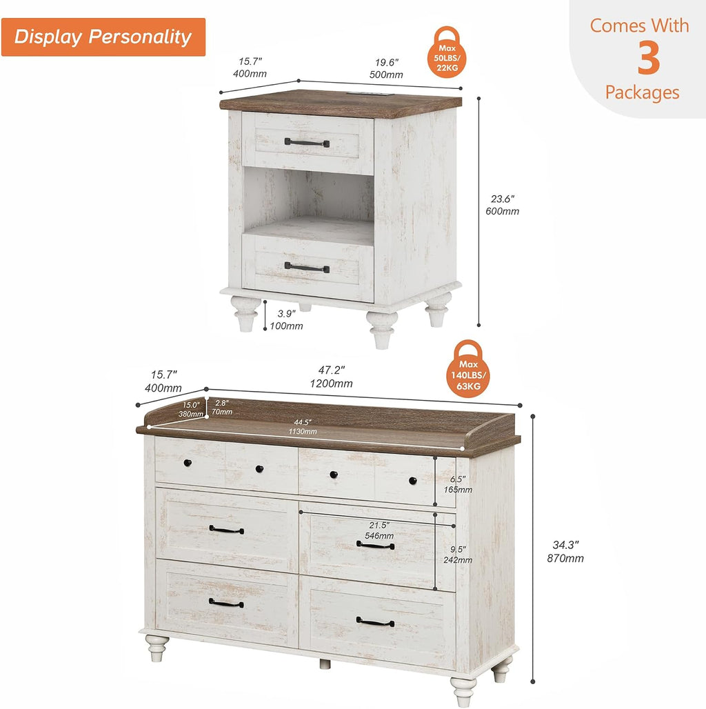 WAMPAT 3 Piece Bedroom Set - Includes 6 Drawer Dresser, Set of 2 Farmhouse Nightstands with Charging Station & Drawers & Cubby, 3 Piece Dresser and Nightstand Sets, Antique White