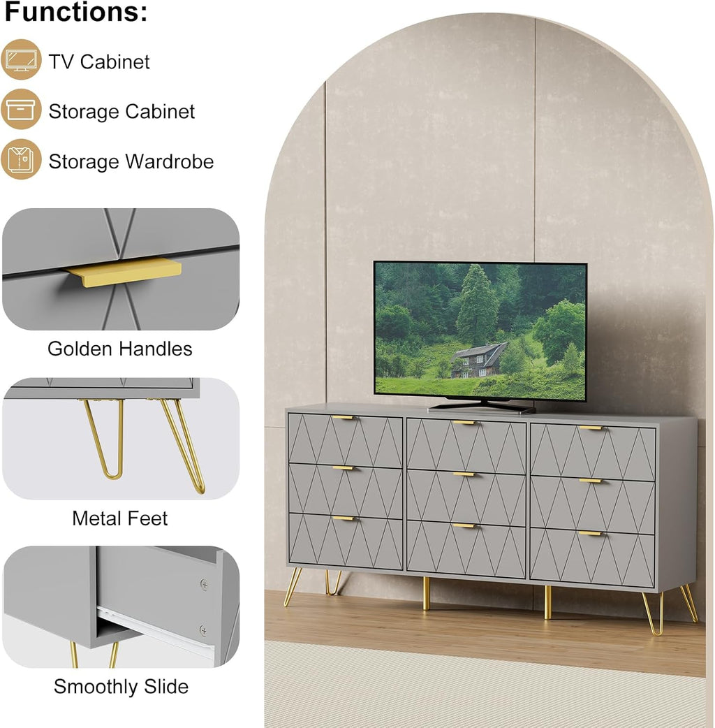 UEV Grey Dresser for Bedroom,Modern 9 Drawer Triple Dresser with Gold Accents,Long Storage Organizer for TV Stand & Closet,Large Chest of Drawers for Living