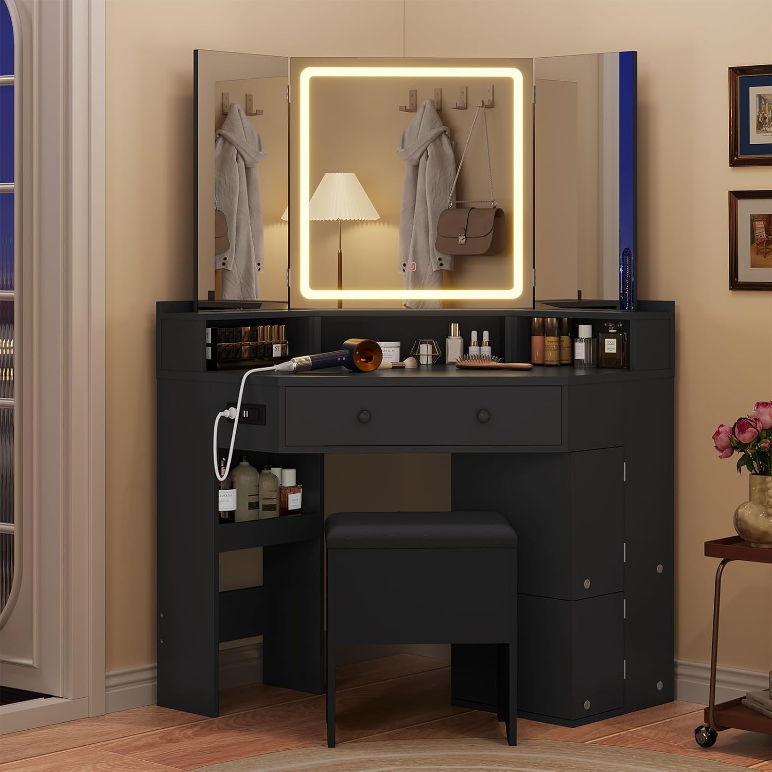 HAUOMS Corner Vanity Desk with Mirror and Lights, Power Outlet & Rotating Shelves, Makeup Vanities with Storage Bench, Drawers, 3 Light Settings, Dimmable for Women Girls, Black