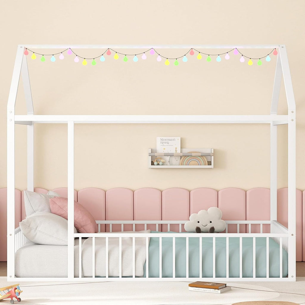 Bellemave Twin Floor Bed Frame, Metal Montessori Floor Bed Twin with Fence for Boys Girls Bedroom Playhouse for Kids No Slat, Easy Assembly House Shaped Floor Beds White