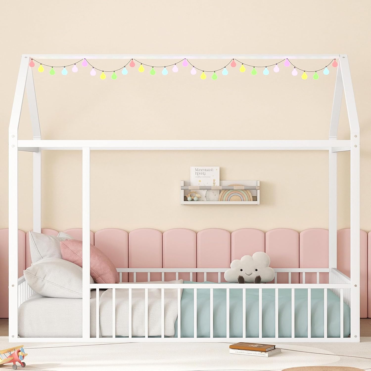 Bellemave Twin Floor Bed Frame, Metal Montessori Floor Bed Twin with Fence for Boys Girls Bedroom Playhouse for Kids No Slat, Easy Assembly House Shaped Floor Beds White