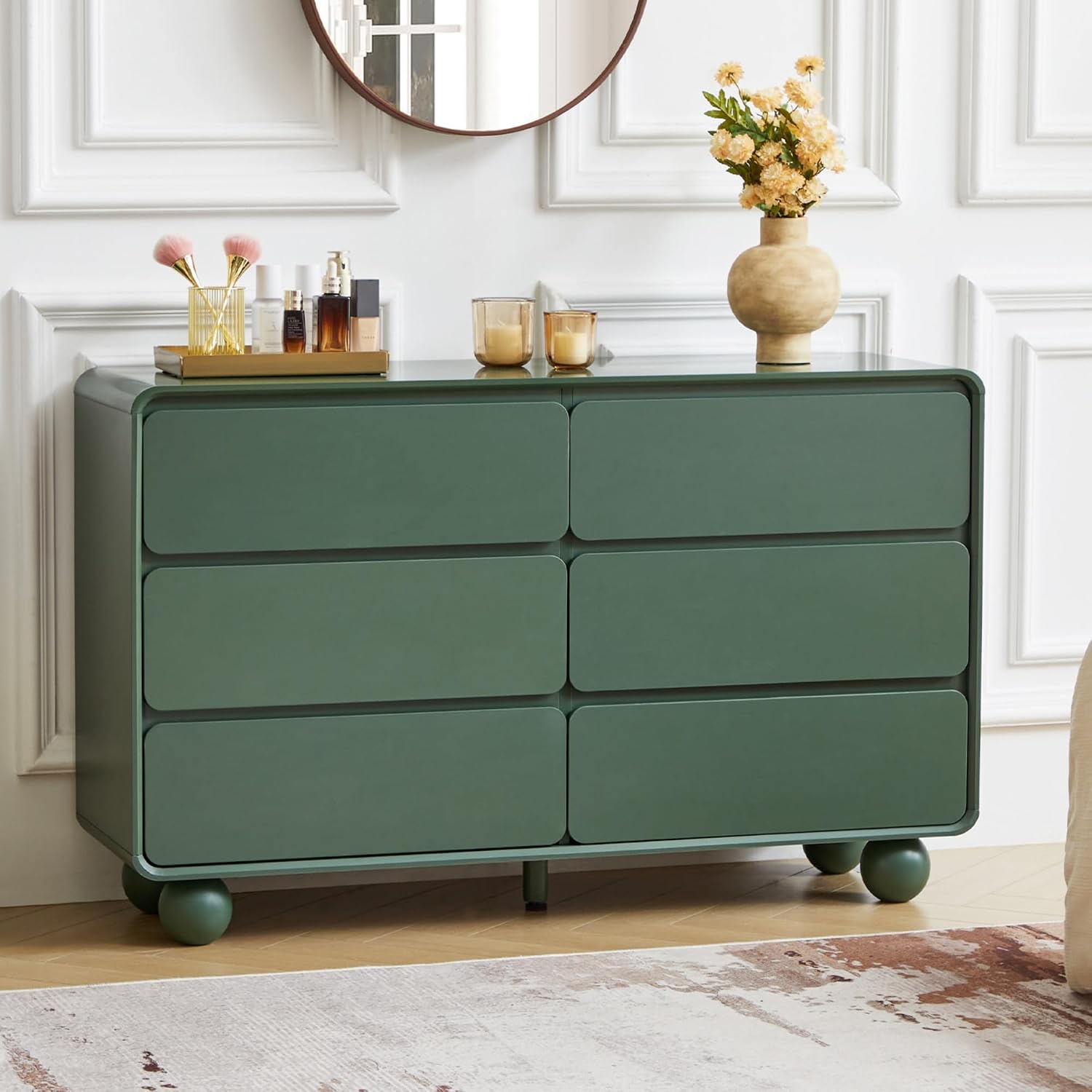 AVZEAR Modern 6 Drawer Green Dresser for Kids Bedroom, 48' Wide Wooden Dresser Chest of Drawers, Handle Free & Curved Profile Design, Mid Century Closet Clothes Storage Organizer for Living Room