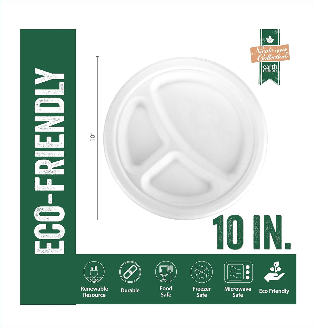 Nicole Home Collection 600 Count Compostable Heavy Duty 10' Disposable Compartment Paper Plates 100% Bagasse Biodegradable Eco-Friendly Natural Sugarcane