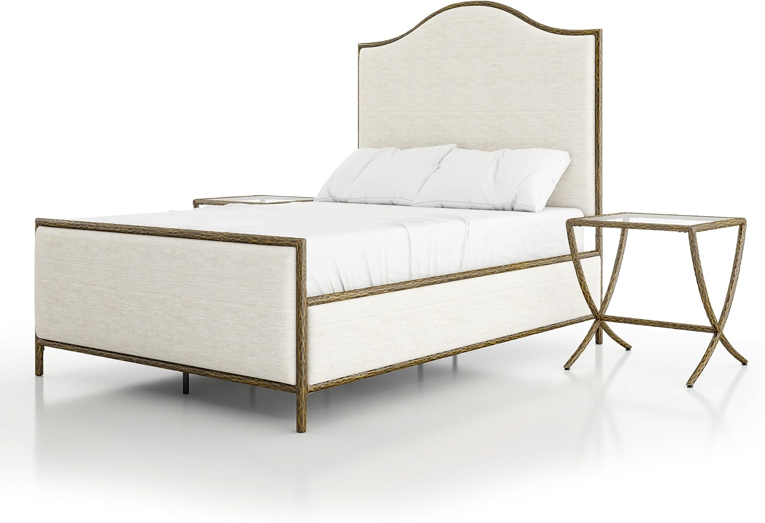 24/7 Shop at Home Lalia Hammered Metal 3-Piece Bedroom Collection, Upholstered Bed Frame with Camelback Headboard, Forged Steel and Curved Nightstands, Foundation Required, Full, Matte Gold