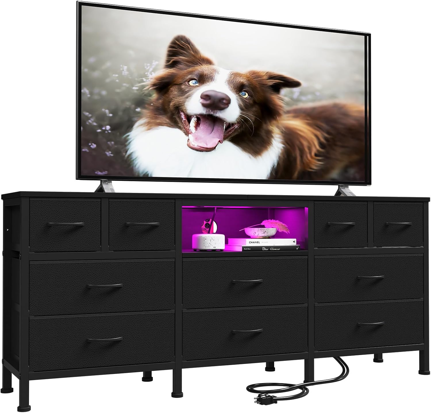 Black Dresser for Bedroom with LED Lights and Power Outlets, 55' TV Stand with 10 Drawers & Open Shelves, Fabric Chest of Drawers with PU Finish, Metal Frame, Wood Top