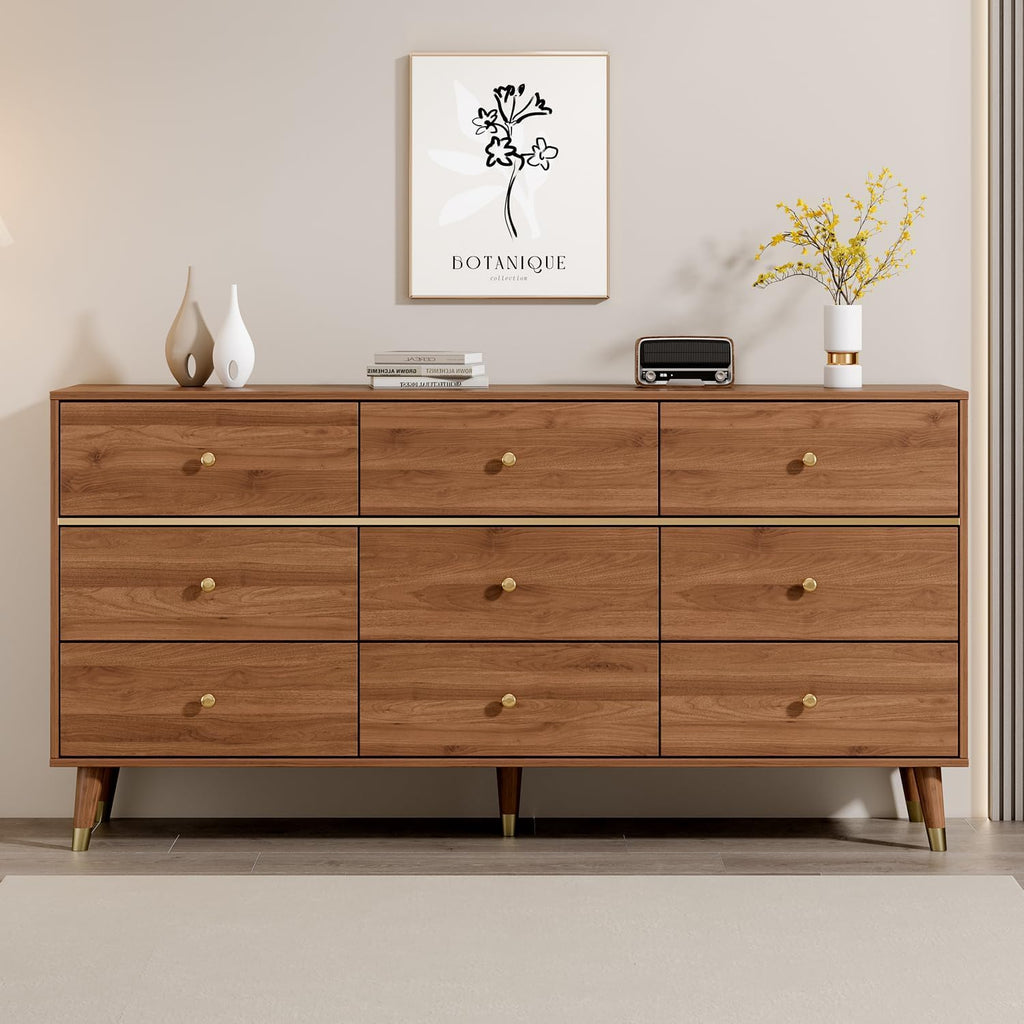 Chrangmay 9 Drawer Dresser,63' Wide Mid Century Modern Chest of Drawers,Wooden Bedroom Drawer Dresser with 9 Storage Drawers for Bedroom, Living Room,with Anti-Tipping Device,Brown