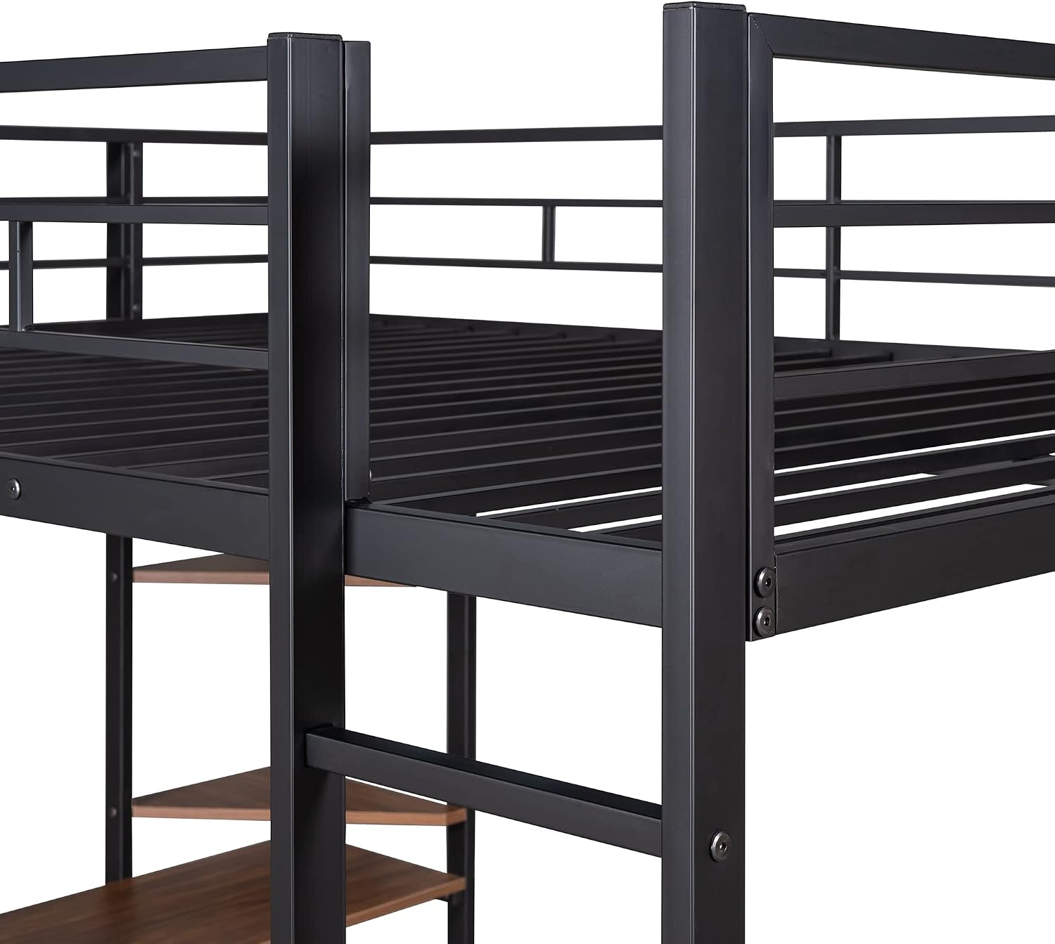 Full Size Loft Bed with 2 Shelves and Desk, Metal Structure Bed Frame with Build-in Ladders and Safety Guardrail for Dorm, Bedroom, Guest Room, No Box Spring Needed (Black-02, Full)