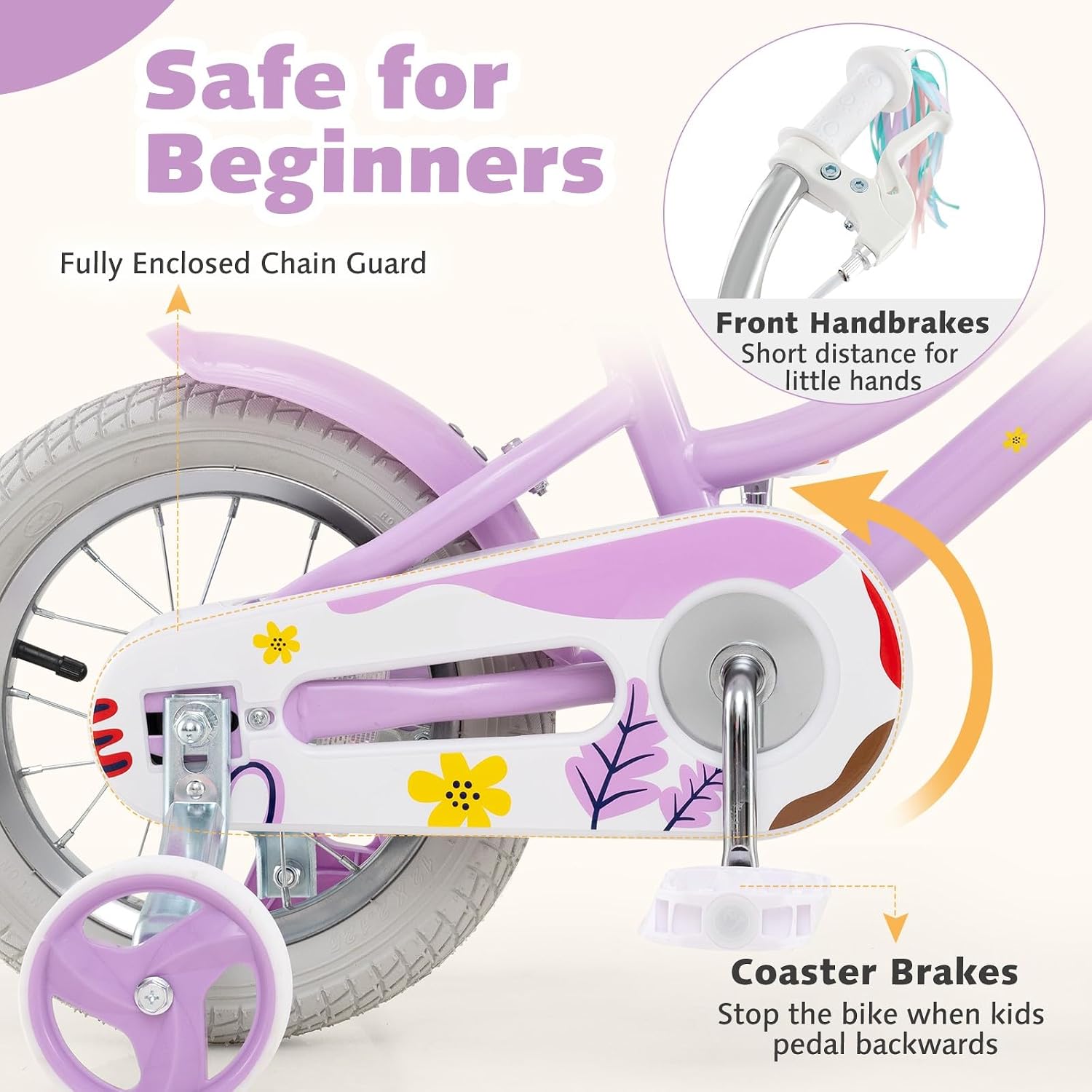 HONEY JOY Kids Bike, 12 14 16 18 Inch Girls Bike w/Training Wheels, Doll Seat, Streamers, Handbrake & Coaster Brake, Fully Enclosed Chain, Princess Style Children Bicycle, Gift for Girls 3-8