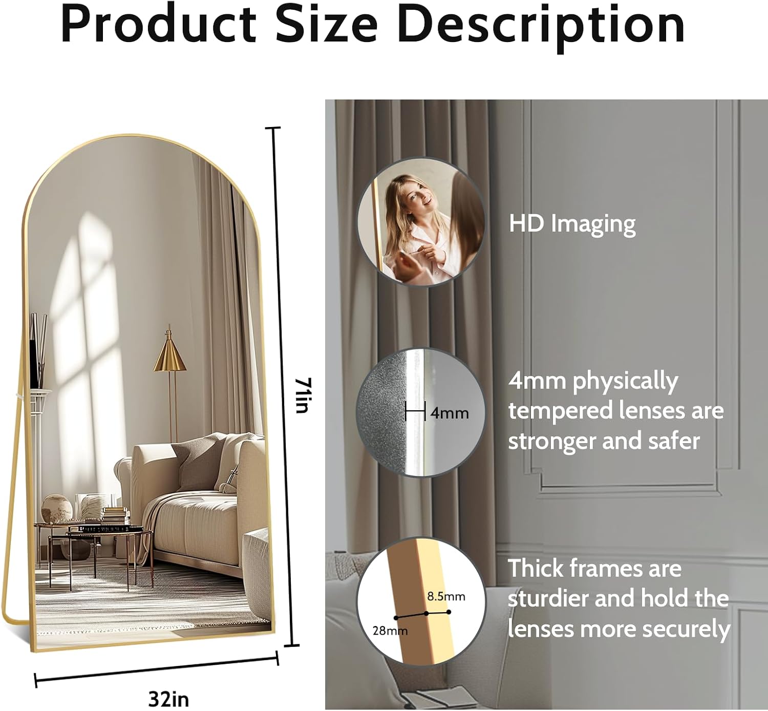 Beauty4U 71' x 32' Arched Full Length Mirror, HD Tempered Glass Floor Mirror with Gold Aluminum Frame, Standing/Leaning/Wall Mounted Mirror for Bedroom, Dressing Room & Living Room