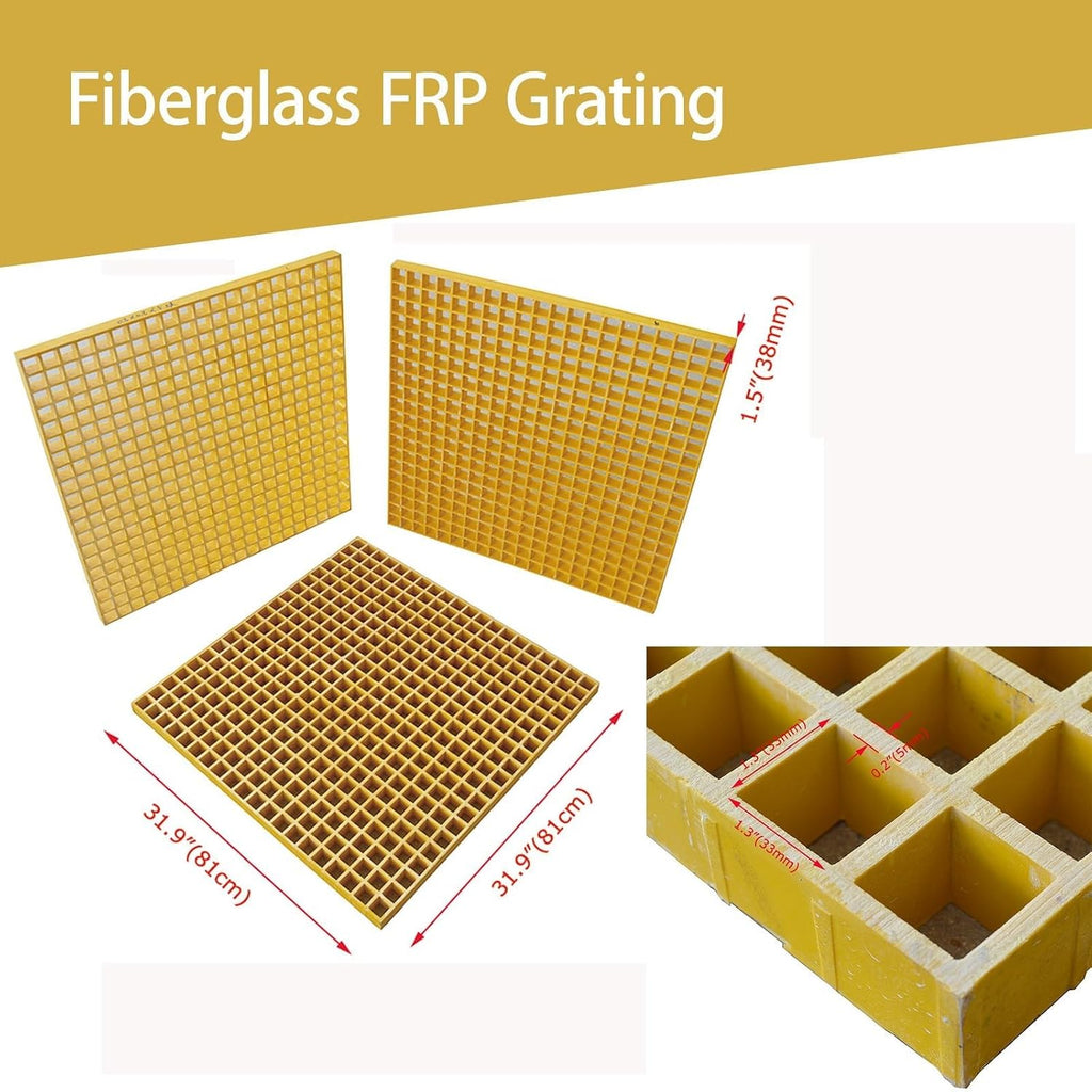 2.6ft*2.6ft Fiberglass Grating 1.5'' Thickness Yellow Car Wash Grille Square FRP Floor Grid for Floors Outdoor Drain Cover (1 PC)