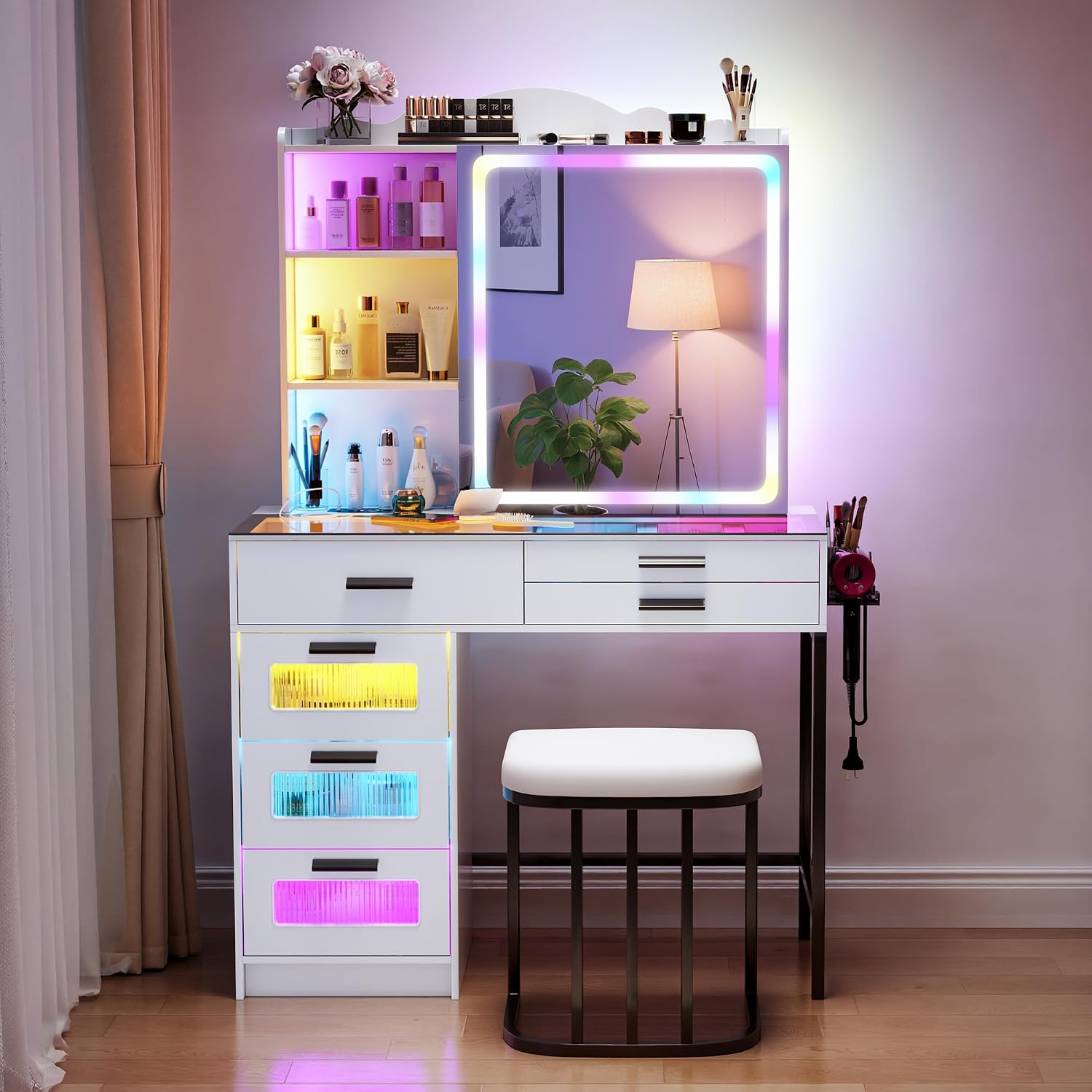 Glass Top Makeup Vanity Desk with RGB LED Light & Adjustable Mirror, Modern Makeup Dresser with Charging Station,Vanity Table Set with 6 Drawers & Hair Dryer Holder for Bedroom,White