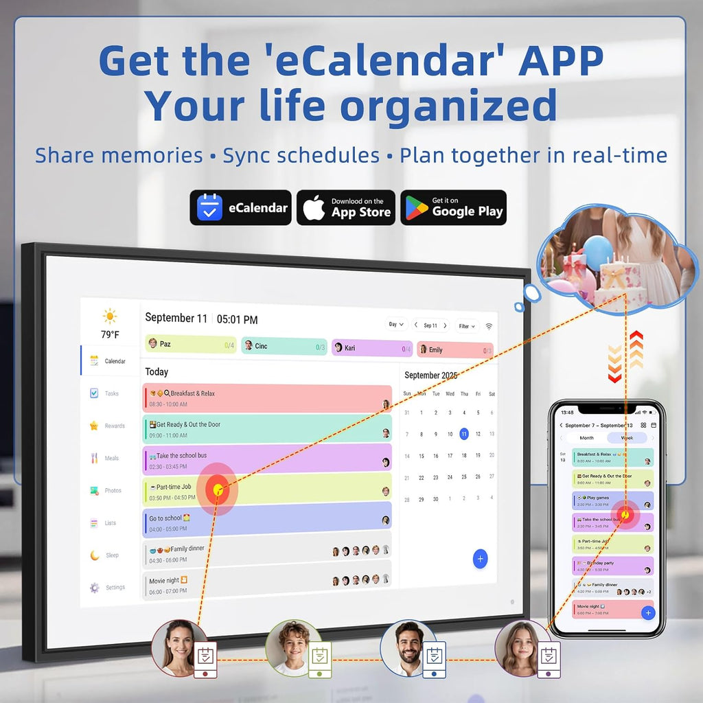 21.5 Inch Digital Calendar, Electronic Chore Chart, Smart Weekly and Monthly Planner 1920 * 1080P IPS Touchscreen Wall and Desk Calendar for Family Schedules, Black