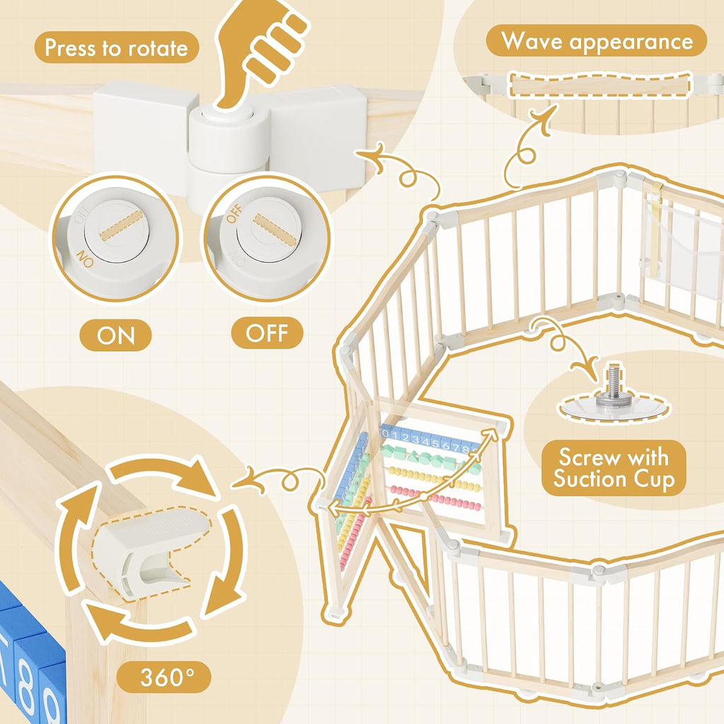 Wooden Baby Playpen 50 × 50 Inches, Foldable Playpen Fence with Cute Digital Blocks & Storage Bag, Wooden Baby Gate, Multi-Shape Play Yard for Babies and Toddlers Indoor Outdoor