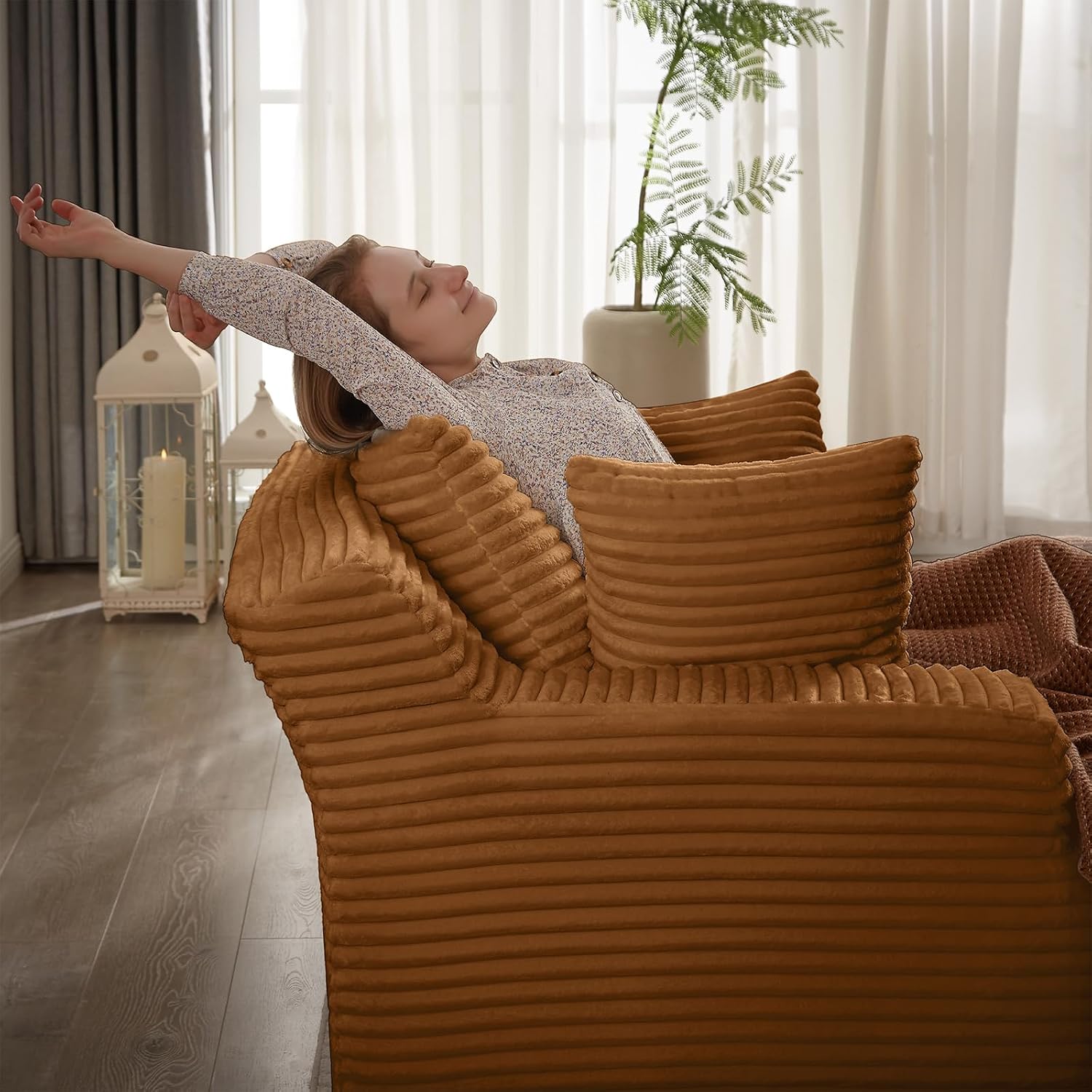 Oversized Chaise Lounge Chair Indoor, 66' Cloud Boneless Sleeper Couch Corduroy Upholstered Sofa Bed Deep Seat Comfy Reading Chair with 3 Pillows for Living Room Bedroom, Orange