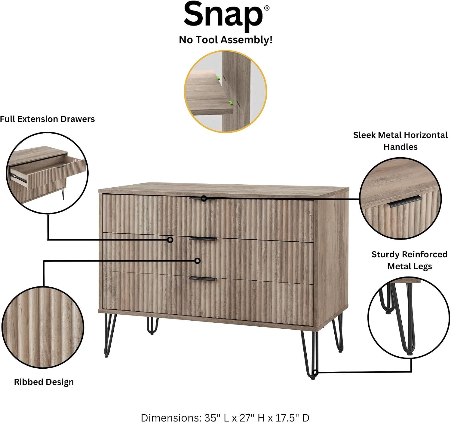 Manhattan Comfort Dumbo 2 Piece Dresser & Nightstand Set, Fluted Night Stand with Hairpin Gold Metal Legs & 3-Drawer Dresser, No Tool Assembly, Storage Cabinet for Bedroom, Living Room in Rustic Grey
