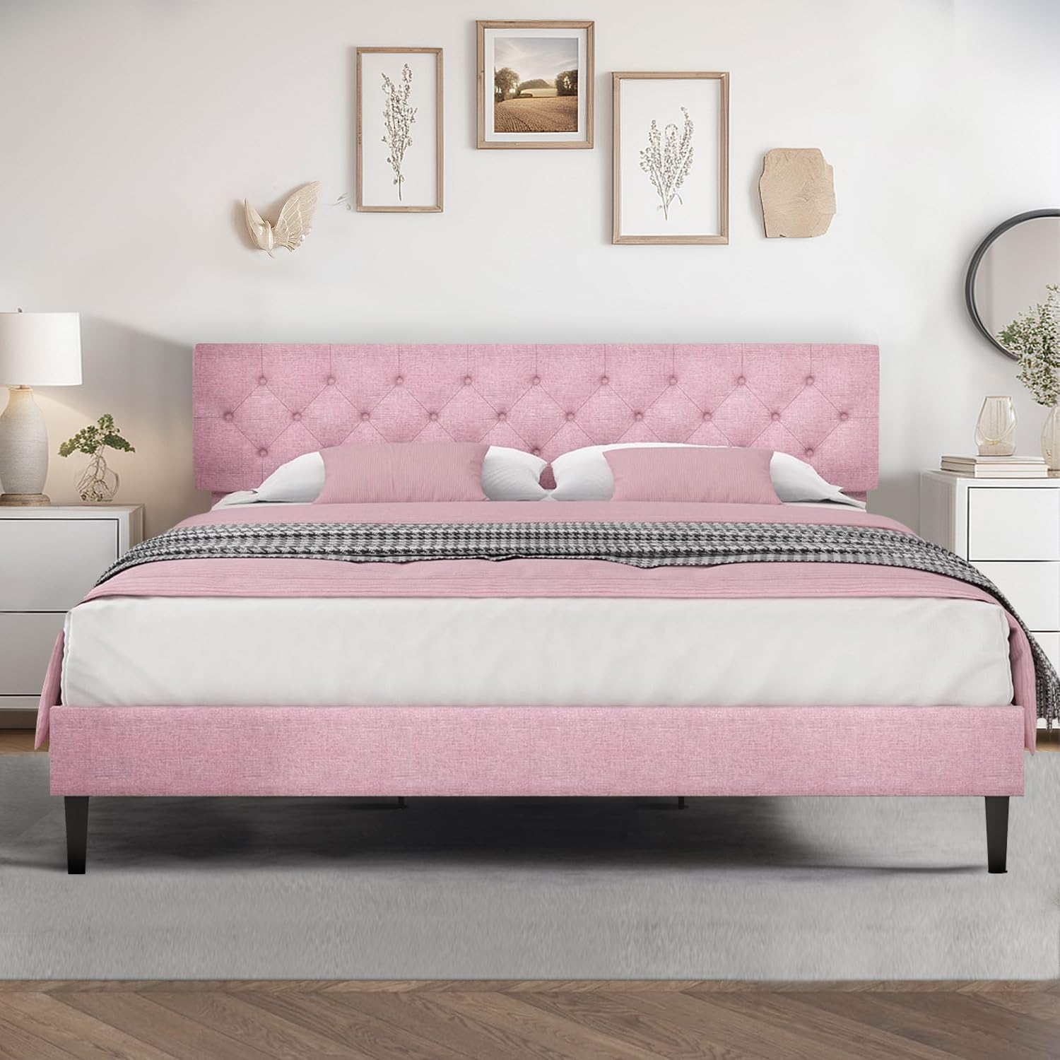 HOMBCK King Size Bed Frame, Linen Fabric Upholstered Bed Frame King Size with Headboard, Wood Slats Support, Button Tufted Design, No Box Spring Needed, Pink