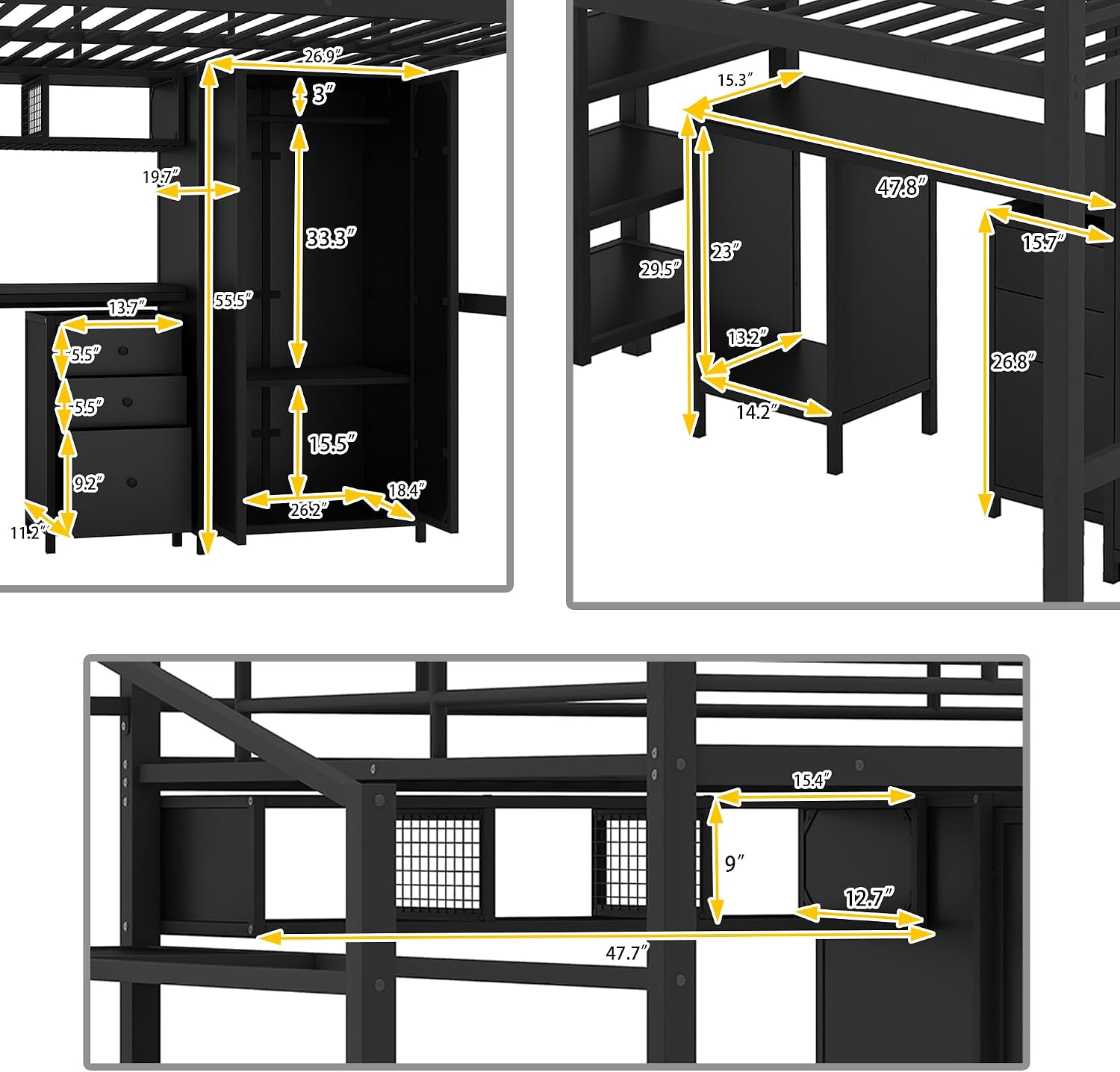 Full Size Loft Bed with Table Set, Wardrobe and Drawers, Metal Loft Bed Frame with Storage Staircase and Full-Length Guardrail for Kids Teens Boys Girls Adults Bedroom (Black-04)