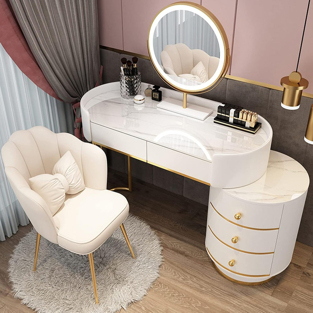 Dressing Table Makeup Vanity Table, with Adjustable LED Mirror 3 Color Lighting, Round Vanity Desk Bedside Table and Cushioned Stool Set, Bedroom Furniture Decor(White B-100cm/39.3in)