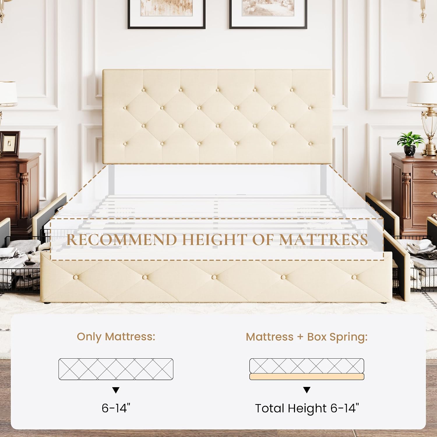 SHA CERLIN Upholstered Full Size Platform Bed Frame with 4 Storage Drawers, Adjustable Headboard with Diamond Stitched Button Tufted Design, Wooden Slat Support, No Box Spring Needed, Beige