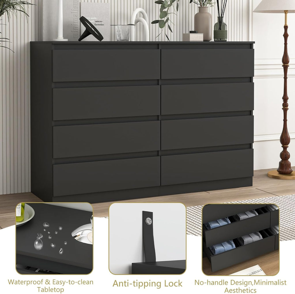 Black 8 Drawer Dresser for Bedroom,Modern Large Dresser with Deep Drawer,Wide Storage Chest of Drawer, Bedroom Storage Furniture Drawers for Bedroom
