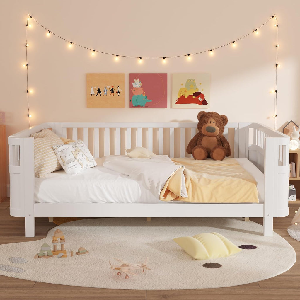 Harper & Bright Designs Queen Size Kids Montessori Bed Frame, Solid Wood Low Profile Bed with Detachable Fence, Rounded Corners & Protective Design, Modern Daybed for Boys, Girls, White