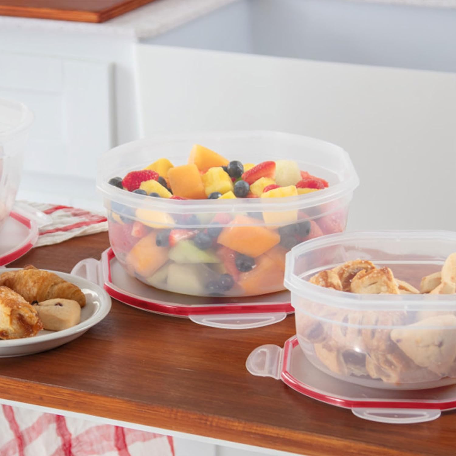 Sterilite Ultra-Seal 4.7 Qt Bowl, Large Airtight Food Storage Container, Latching Lid, Microwave and Dishwasher Safe, Clear with Red Gasket, 12-Pack