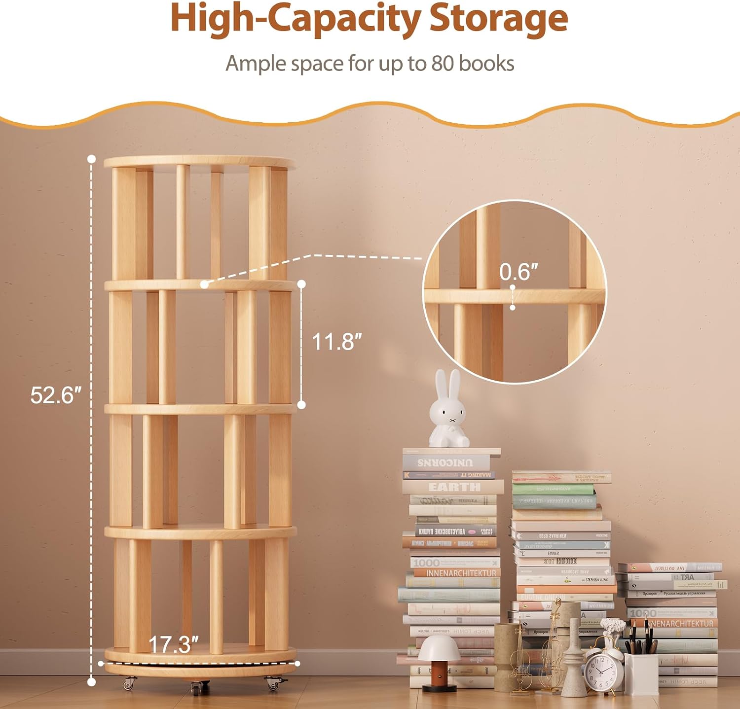Muwuele Solid Wood Rotating Bookshelf on Wheels, 4 Tier, Round Revolving Bookcase, 360° Spinning Book Shelf Tower for Kids, Narrow Rolling Bookshelves for Small Space, Corner, Bedroom, Office, Natural