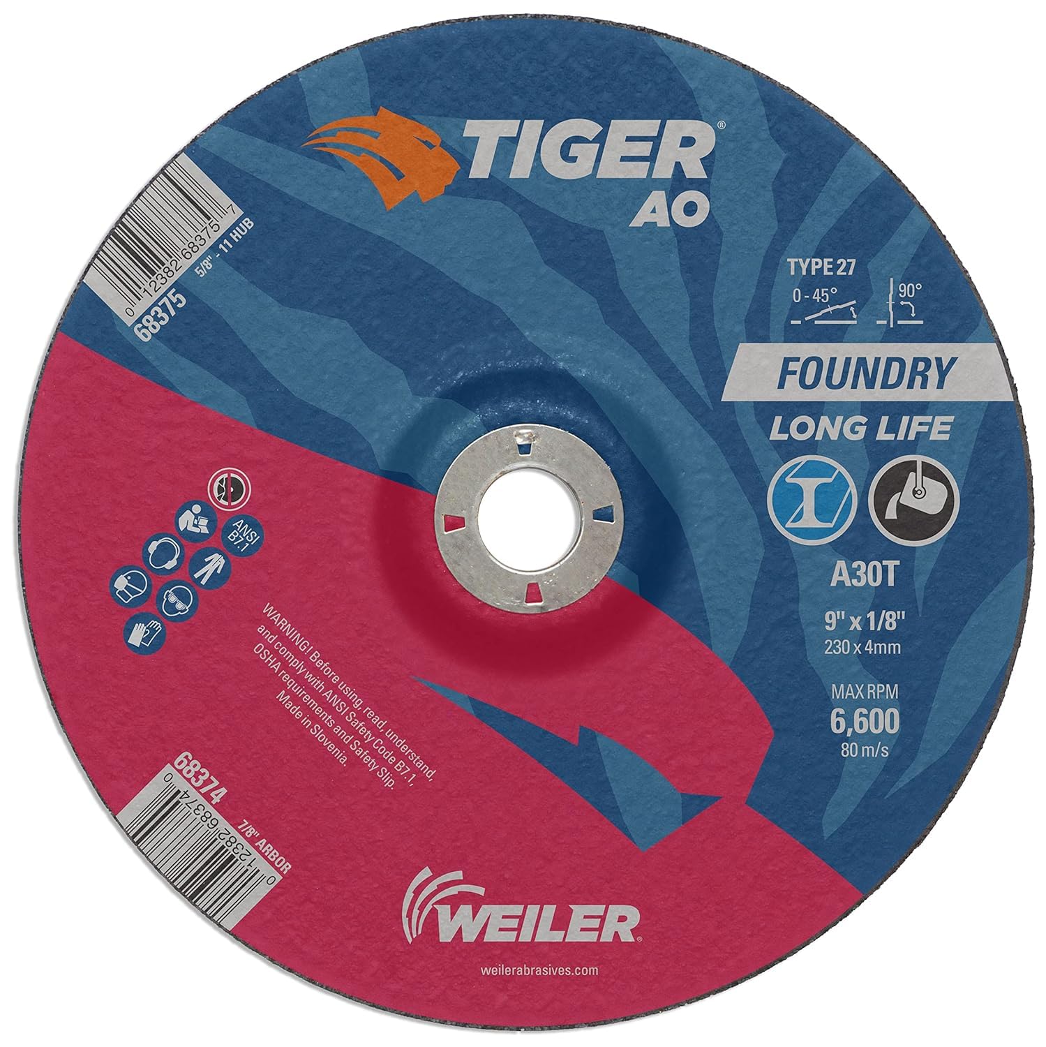 Weiler 68374 9' x 1/8' Tiger AO Type 27 Cut and Grind Combo Wheel A30T 7/8 A.H (Pack of 25)