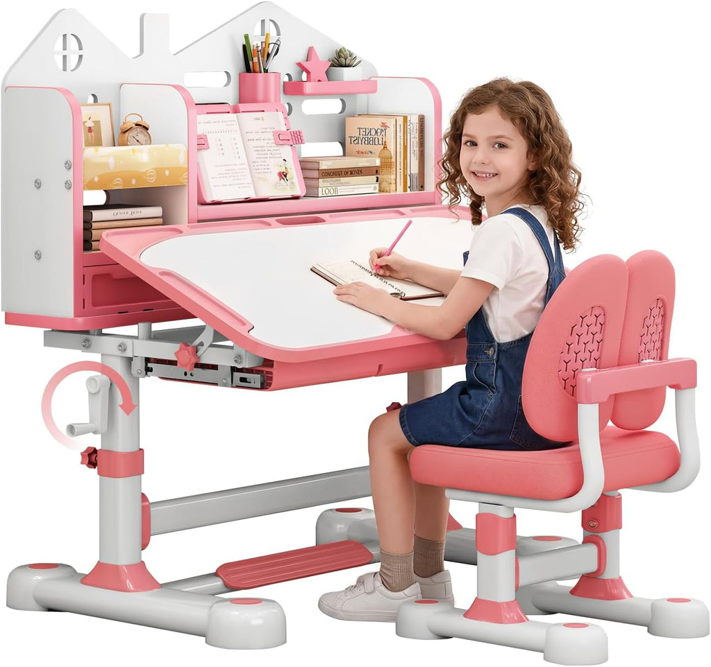 Kids Desk and Chair Set, Height Adjustable Study Desk for Kids Ages 3–12, Easy-Turn Crank Ergonomic Desk with 50° Tiltable Desktop, Storage Drawer & Bookshelf (015-Pink)